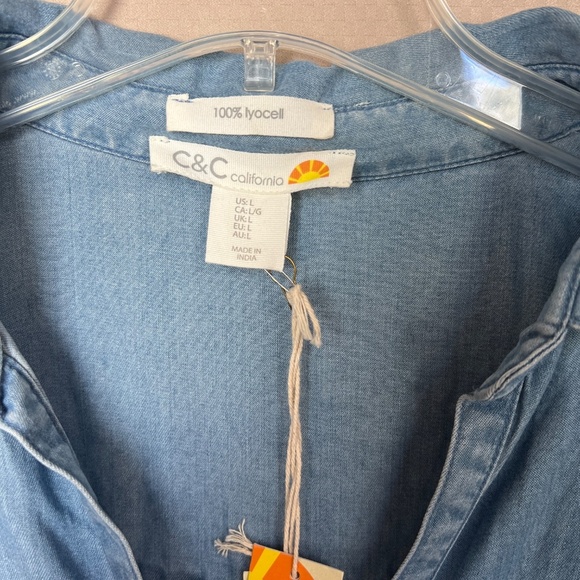 C&C California Blue Denim Tunic Shirt Dress Collared Roll Tab Sleeve Size Large - Picture 2 of 13